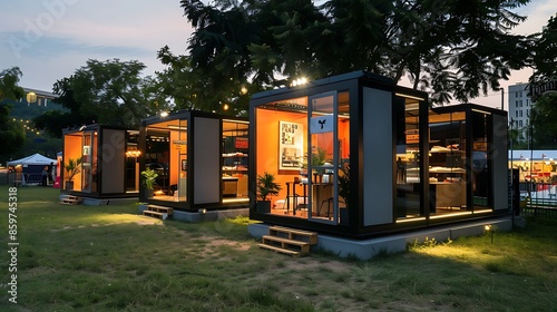 series of modular pop-up shops at a summer festival, each constructed from lightweight and stylish fiber cement panels for easy assembly and disassembly