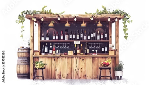 Rustic outdoor wine bar with a wooden counter, wine bottles, barrels, and fresh vegetables, set in a charming setting with string lights. photo