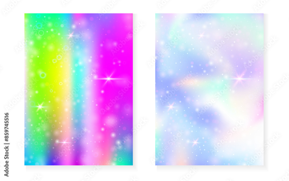 Princess background with kawaii rainbow gradient. Magic unicorn hologram. Holographic fairy set. Creative fantasy cover. Princess background with sparkles and stars for cute girl party invitation. Princess background with kawaii rainbow gradient. Magic unicorn hologram. Holographic fairy set. Creative fantasy cover. Princess background with sparkles and stars for cute girl party invitation.