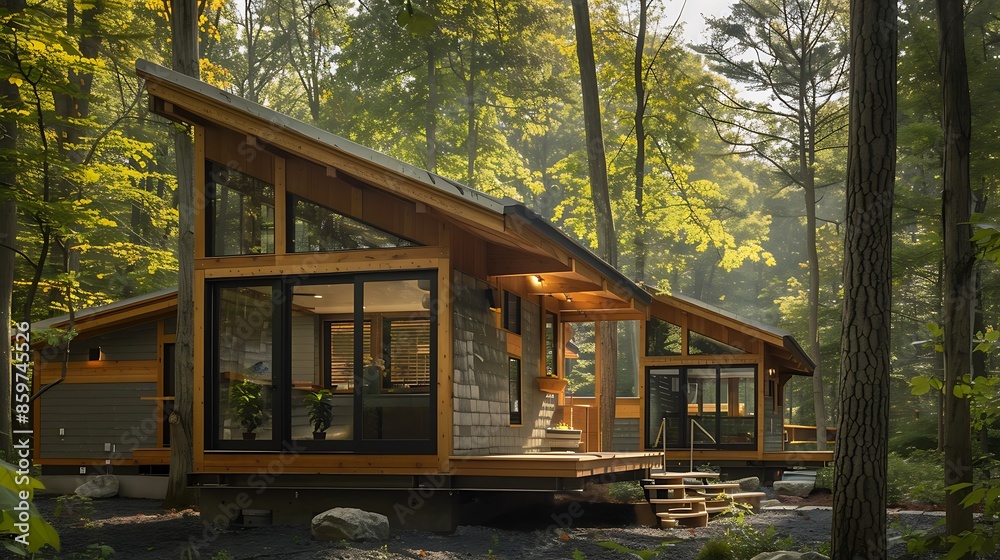 series of small, eco-friendly cabins in the woods, each featuring fiber cement siding in harmony with the natural environment series of small, eco-friendly cabins in the woods, each featuring fiber cement siding in harmony with the natural environment