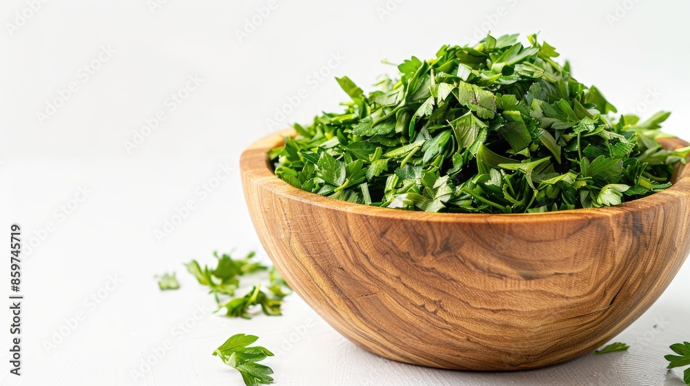 Dried parsley in a wooden bowl on white background with copy space Dried parsley in a wooden bowl on white background with copy space