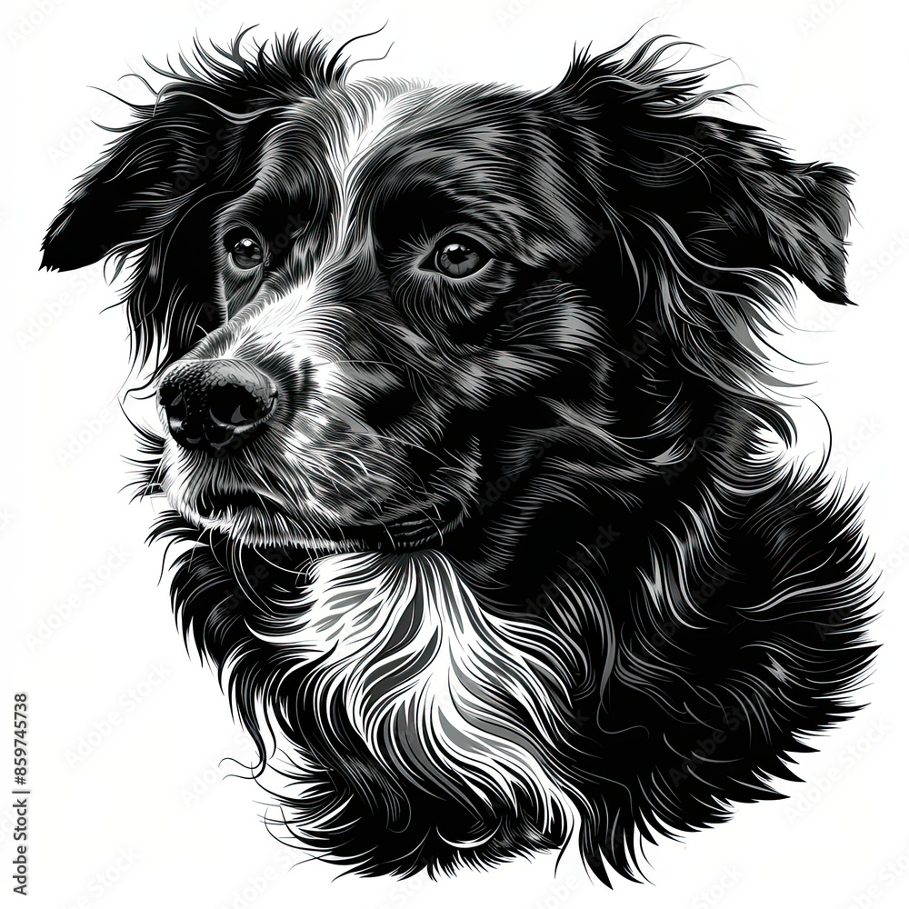 A black and white drawing of a Australian Shepherd dog A black and white drawing of a Australian Shepherd dog