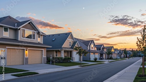 A suburban dawn with a sandy beige Craftsman style house, suburban streets in a neat row, suburban quiet pervasive, as the morning light gently illuminates the area. © Muhammad
