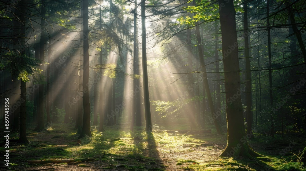 Obraz premium Light rays penetrating trees in forest vertical image