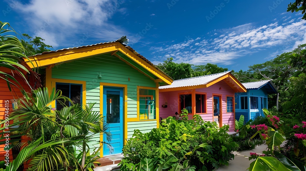 Fototapeta premium small island boutique hotel with weatherproof fiber cement siding painted in bright tropical colors, designed to stand out against the lush greenery and blue skies