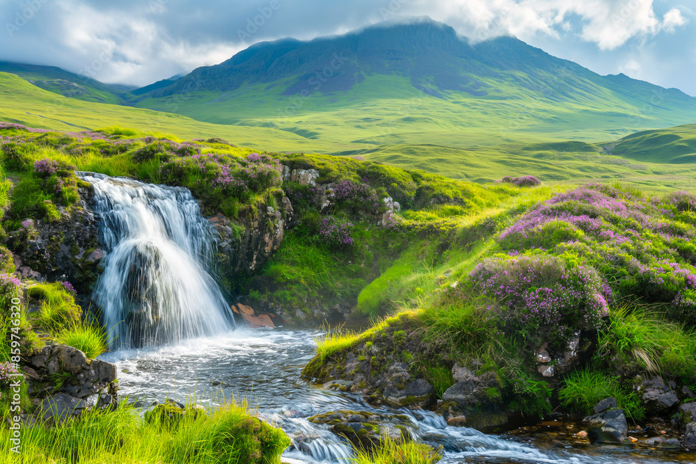 beautiful waterfall flowing into a small mountain stream in the mountains in a meadow on a sunny day, generative AI beautiful waterfall flowing into a small mountain stream in the mountains in a meadow on a sunny day, generative AI