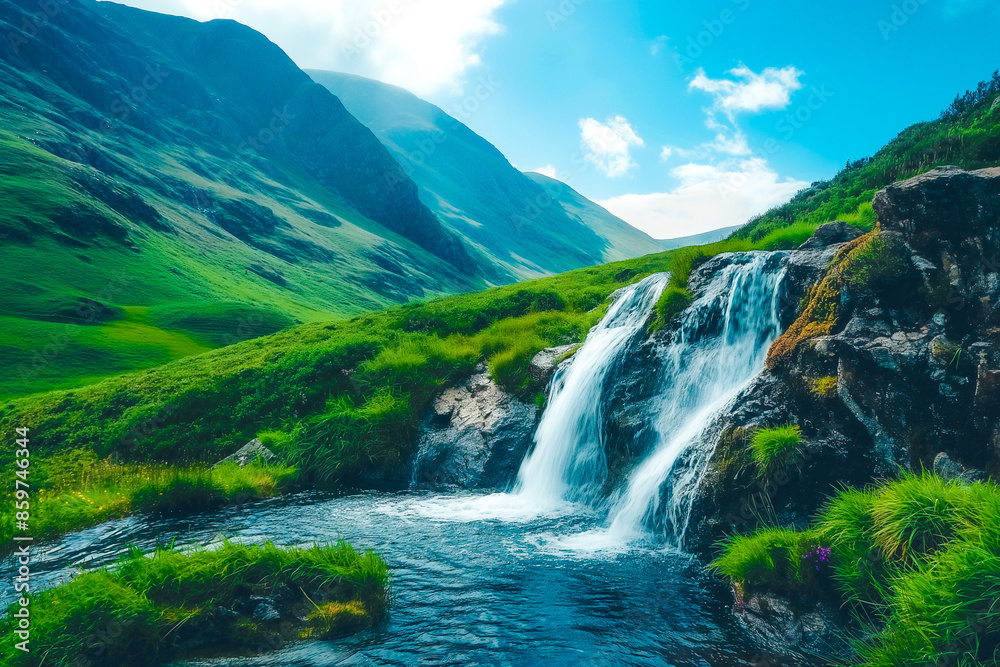 beautiful waterfall flowing into a small mountain stream in the mountains in a meadow on a sunny day, generative AI beautiful waterfall flowing into a small mountain stream in the mountains in a meadow on a sunny day, generative AI