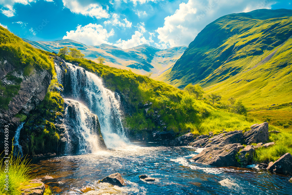 beautiful waterfall flowing into a small mountain stream in the mountains in a meadow on a sunny day, generative AI