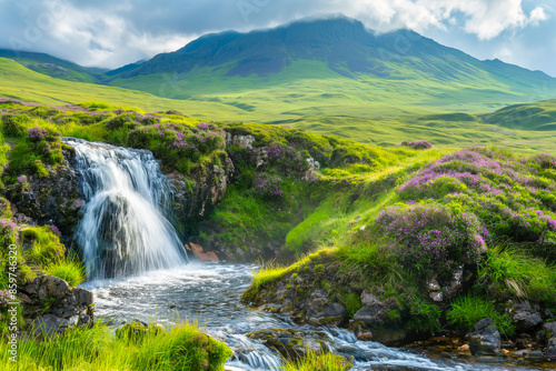 beautiful waterfall flowing into a small mountain stream in the mountains in a meadow on a sunny day, generative AI