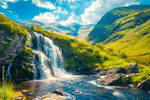 Obraz na płótnie beautiful waterfall flowing into a small mountain stream in the mountains in a meadow on a sunny day, generative AI w salonie