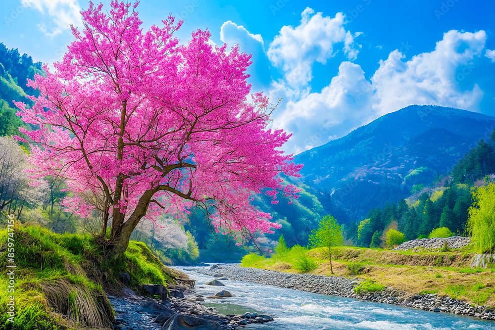 a view of the river and pink-blossoming Japanese cherry trees against the backdrop of mountains, generative AI a view of the river and pink-blossoming Japanese cherry trees against the backdrop of mountains, generative AI