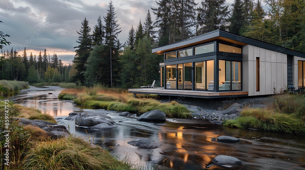 Obraz premium sustainable fishing lodge on a riverbank, with durable and moisture-resistant fiber cement siding, designed to have minimal impact on the surrounding ecosystem