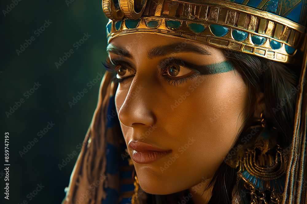 beautiful brown skin egyptian Pharaoh cleopatra, egyptian queen cleopatra in heavy make-up and royal jewelry, geberative AI