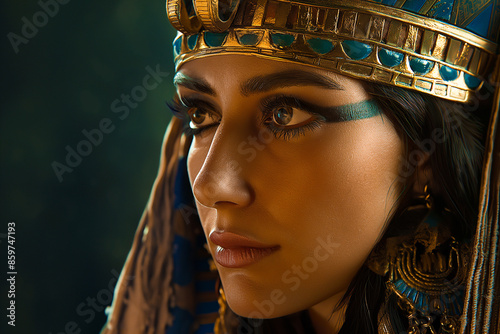 Obraz na płótnie beautiful brown skin egyptian Pharaoh cleopatra, egyptian queen cleopatra in heavy make-up and royal jewelry, geberative AI w salonie