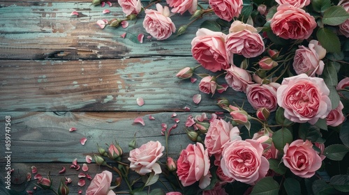 Pink roses in a vintage style on a wooden backdrop