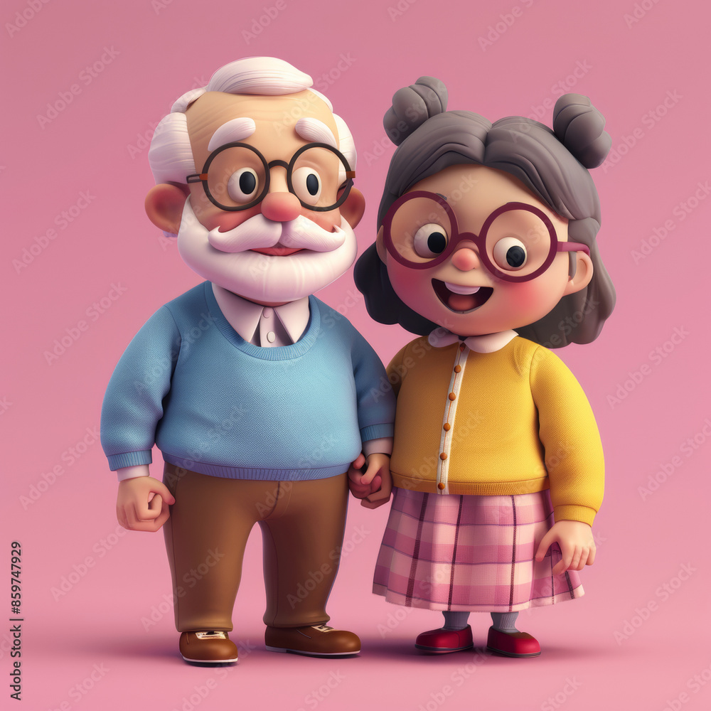 Cute Full Size 3D Grandparents Icon on Plain Pink Background.