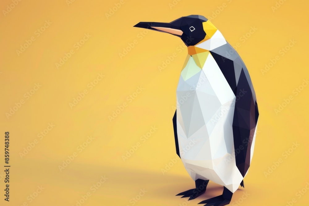Obraz premium Stylized penguin composed of polygons is standing on a minimalist yellow background. This illustration could be used for topics related to animals, nature, or design