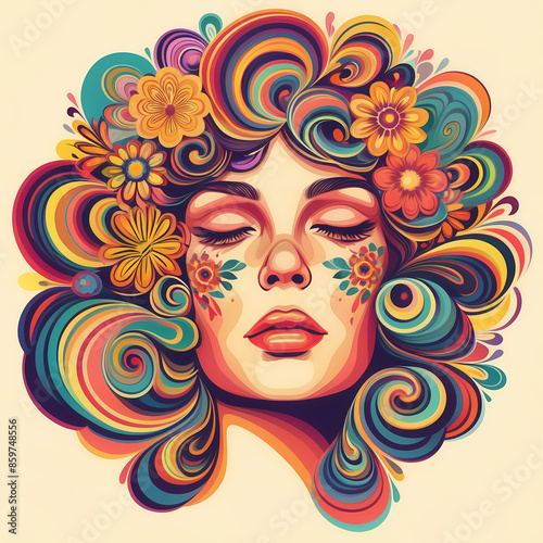 Colorful illustration of a woman's face embracing psychedelic 'flower power' revival, featuring vibrant colors and retro artistic vibes