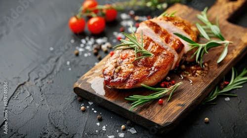 Fototapeta Naklejka Na Ścianę i Meble -  Delicious fried duck breast as a rustic snack with copy space view