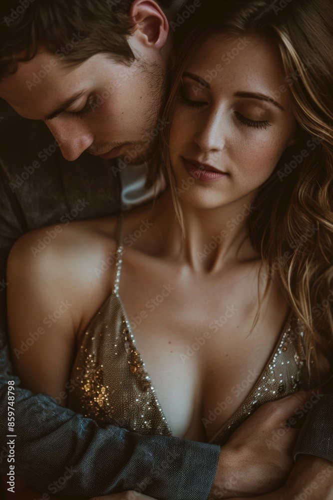 A tender scene of a man embracing a woman wearing a dress with a deep neckline, capturing a moment of closeness and affection. A tender scene of a man embracing a woman wearing a dress with a deep neckline, capturing a moment of closeness and affection.