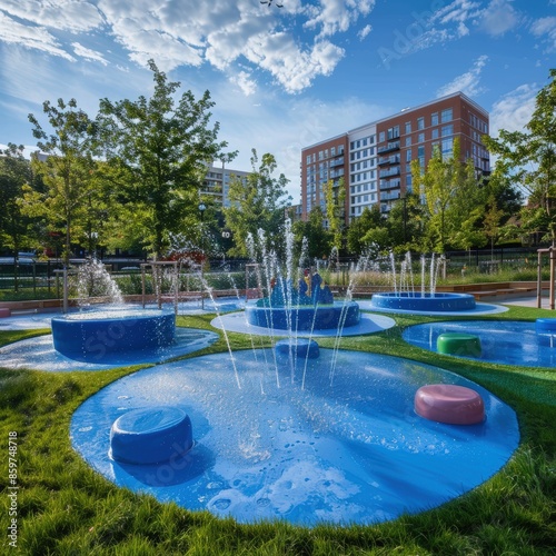 Charming Pop-Up Splash Pad on Grass in a Lively Communal Outdoor Area