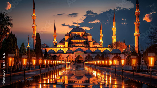 Blue Mosque illuminated at dusk a symbol of Turkish, AI Generative.