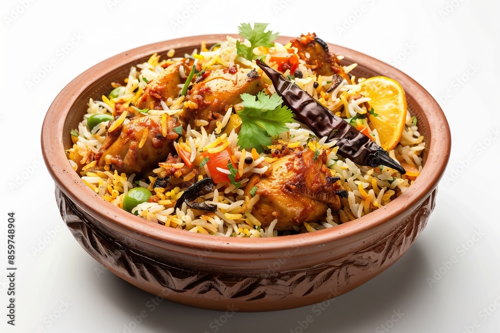 Kerala style chicken biryani with jeera rice and spices in earthenware Kerala style chicken biryani with jeera rice and spices in earthenware