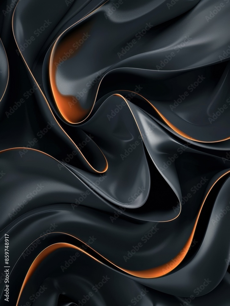 Fototapeta premium Abstract dark waves with orange highlights, smooth fluid-like texture, elegant folds and curves creating a dynamic and luxurious visual effect.