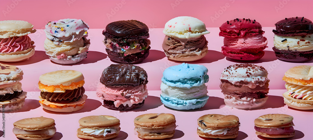 A variety of ice cream sandwiches with different fillings, captured with vibrant colors and detailed textures A variety of ice cream sandwiches with different fillings, captured with vibrant colors and detailed textures