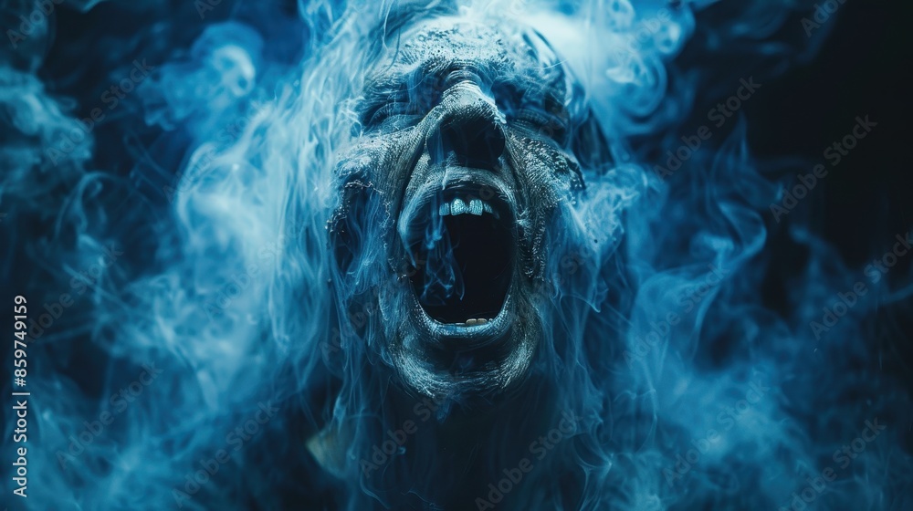 A face with an expression of agony, enveloped in swirling blue smoke, conveying intense emotion and creating a surreal and eerie atmospheric effect in the image. A face with an expression of agony, enveloped in swirling blue smoke, conveying intense emotion and creating a surreal and eerie atmospheric effect in the image.