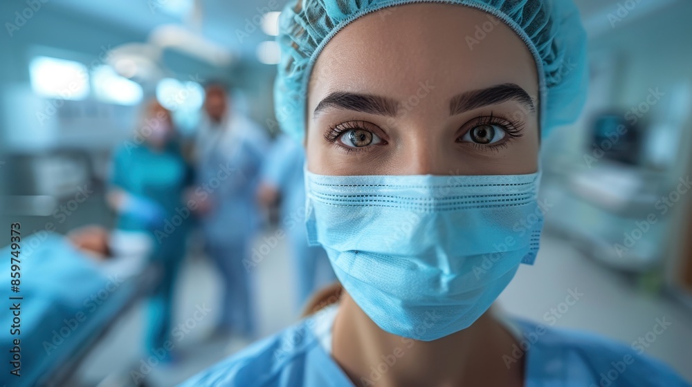 A hospital operating room with out-of-focus hospital staff in the background, emphasizing the sterile and clinical environment of the medical facility with surgical equipment visible. A hospital operating room with out-of-focus hospital staff in the background, emphasizing the sterile and clinical environment of the medical facility with surgical equipment visible.