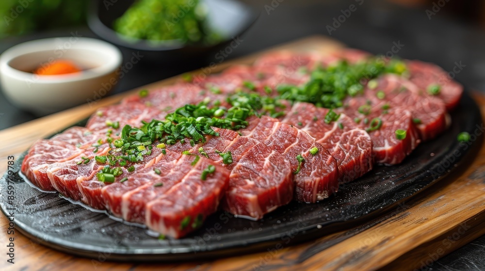 A close-up view of raw marbled beef slices placed on a black plate, garnished with finely chopped green herbs, ready for cooking or grilling, creating a mouthwatering display. A close-up view of raw marbled beef slices placed on a black plate, garnished with finely chopped green herbs, ready for cooking or grilling, creating a mouthwatering display.