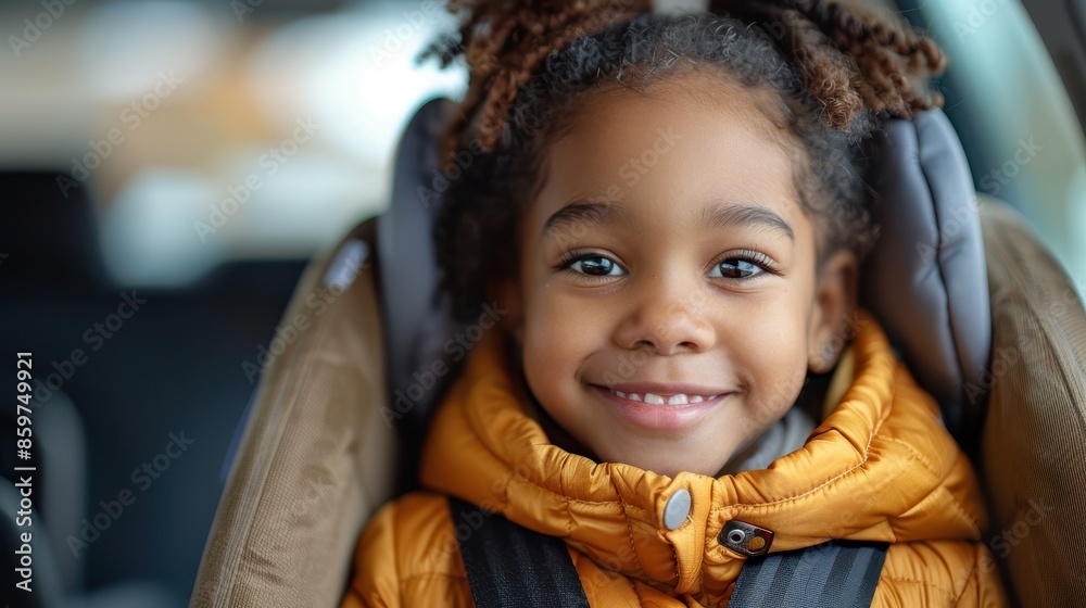 A young child beams a heartwarming smile while seated securely in a car seat, wearing a bright yellow jacket, surrounded by the interior of the vehicle. A young child beams a heartwarming smile while seated securely in a car seat, wearing a bright yellow jacket, surrounded by the interior of the vehicle.