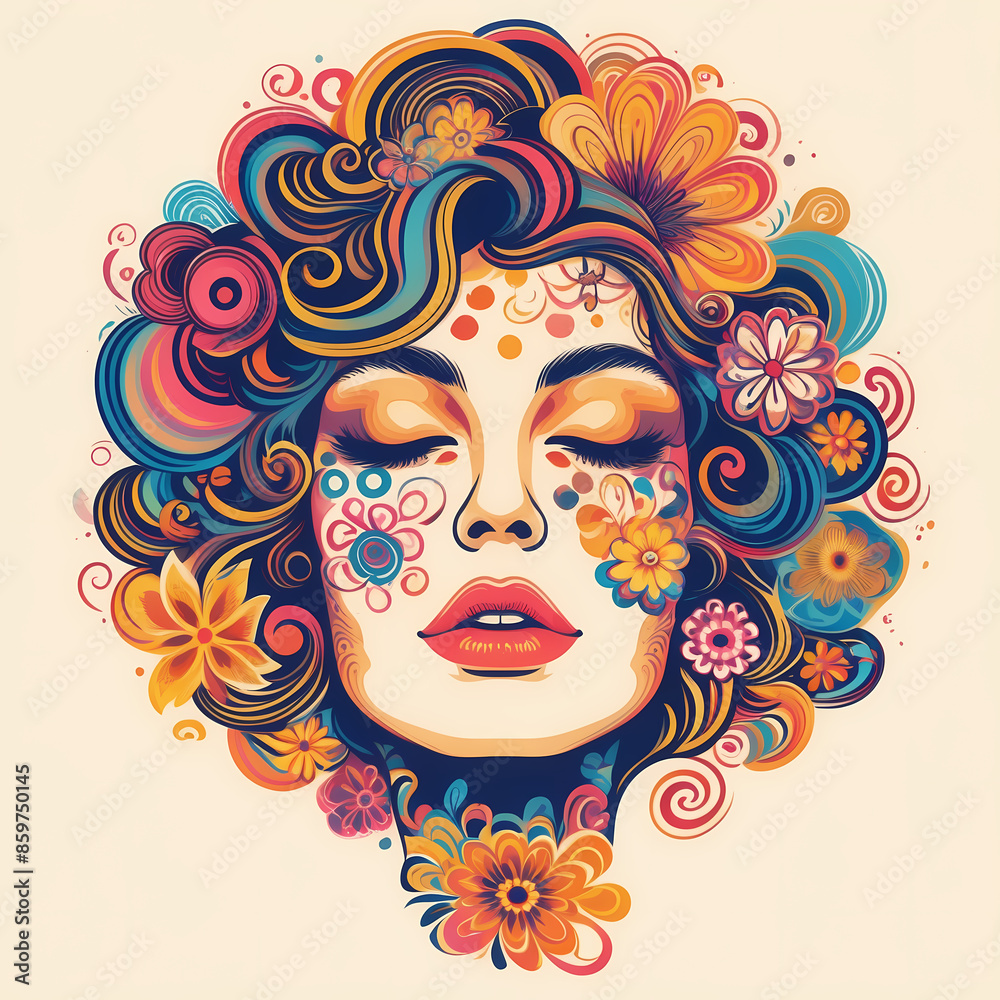Colorful illustration of a woman's face embracing psychedelic 'flower power' revival, featuring vibrant colors and retro artistic vibes Colorful illustration of a woman's face embracing psychedelic 'flower power' revival, featuring vibrant colors and retro artistic vibes