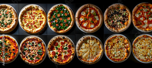 A variety of Margherita pizzas with different toppings, captured with vibrant colors and detailed textures
