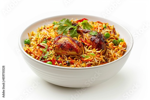 Spicy chicken biryani in white bowl traditional Indian food.