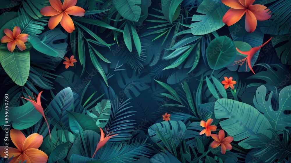 Tropical foliage background with vibrant flowers and jungle theme Tropical foliage background with vibrant flowers and jungle theme
