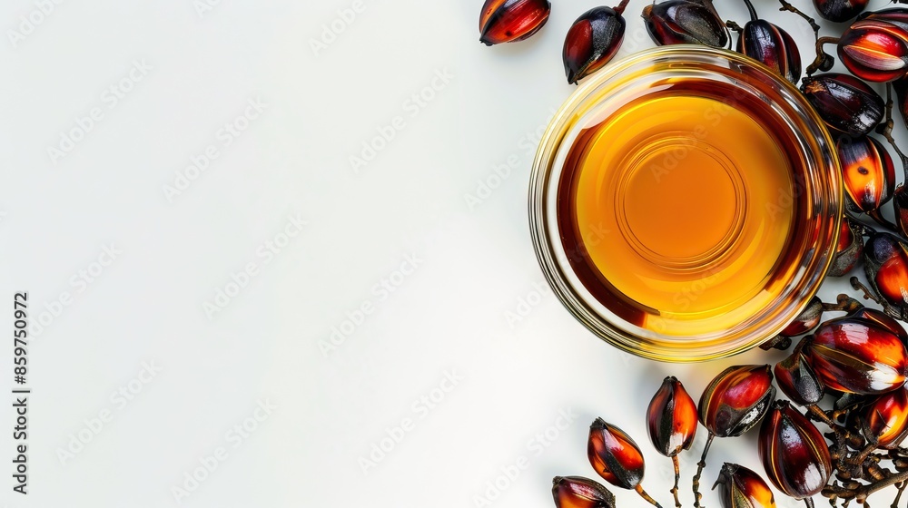 Palm oil in glass bowl and fresh oil palm fruit isolated on white background Top view Flat lay. Palm oil in glass bowl and fresh oil palm fruit isolated on white background Top view Flat lay.