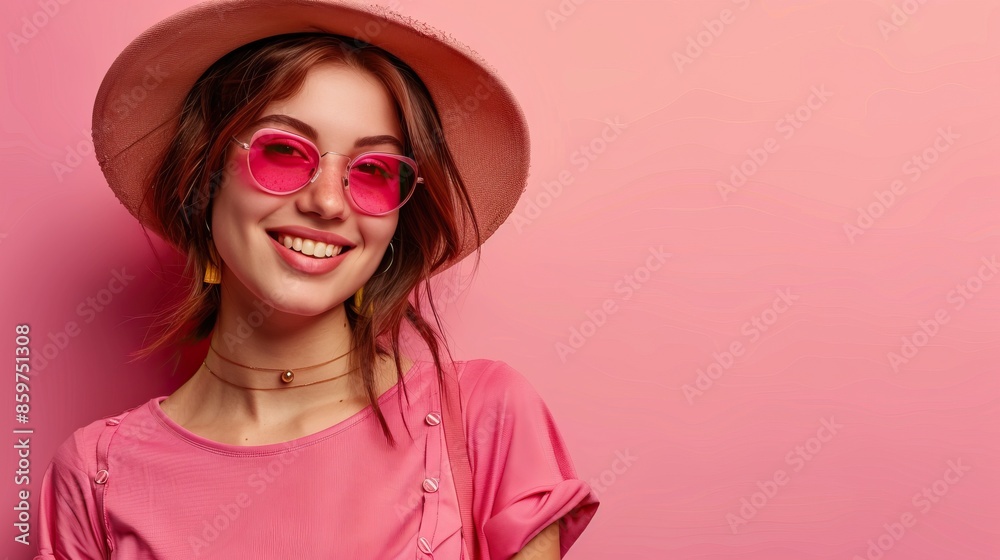 Portrait of glamorous girl in modern outfit on pink background. Portrait of glamorous girl in modern outfit on pink background.