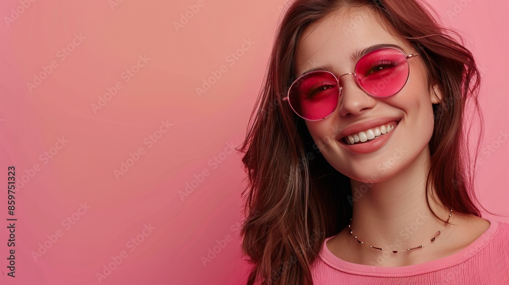 Portrait of cheerful girl in modern look on pink background Portrait of cheerful girl in modern look on pink background