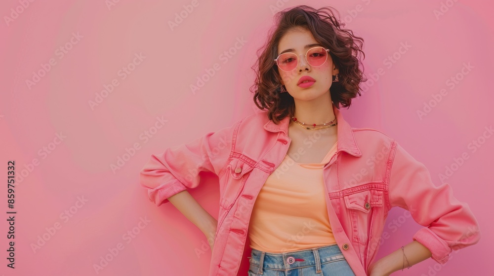 Portrait of trendy girl in cool look on pink background. Portrait of trendy girl in cool look on pink background.