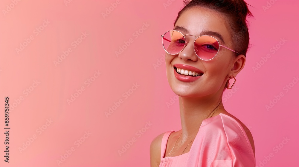 Portrait of cheerful girl in modern look on pink background Portrait of cheerful girl in modern look on pink background