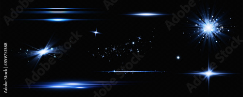 Vector illustration in blue color. Set of light effects. Glare and flash. Bright beams of light. Glowing lines. Vector illustration.Dust. Christmas Flash.