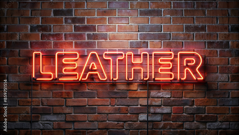 Leather - fluorescent Neon Sign on brickwall Front view Leather - fluorescent Neon Sign on brickwall Front view