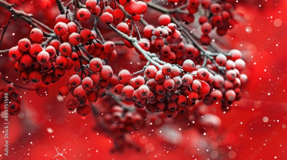 Red bunches of rowan covered with the first snow Red bunches of rowan covered with the first snow