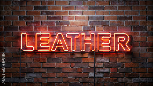 Leather - fluorescent Neon Sign on brickwall Front view