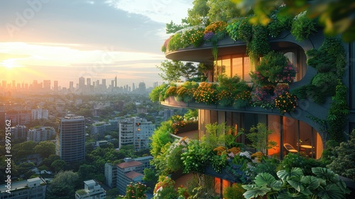 A luxurious modern high-rise apartment featuring balconies with abundant vegetation, illustrating the blending of opulent living with eco-conscious urban design.