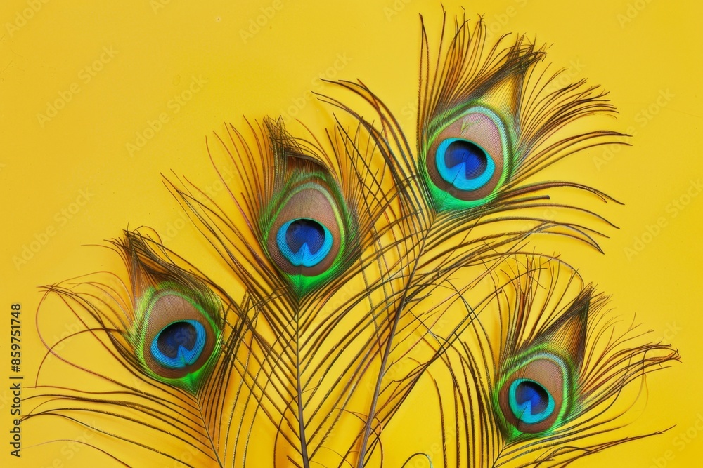 Obraz premium Vibrant peacock feathers fan out on a yellow background, showcasing intricate patterns and iridescent colors