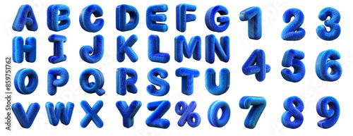 Blue fur alphabet set letters and numbers isolated on white background