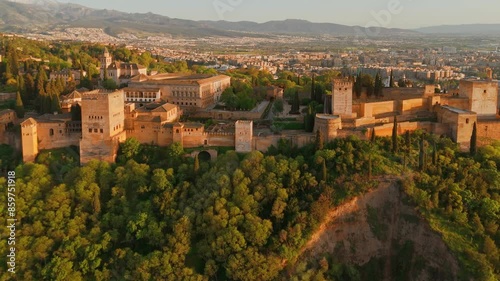 Aerial view of the Alhambra palace at sunset in Granada, Andalusia, Spain